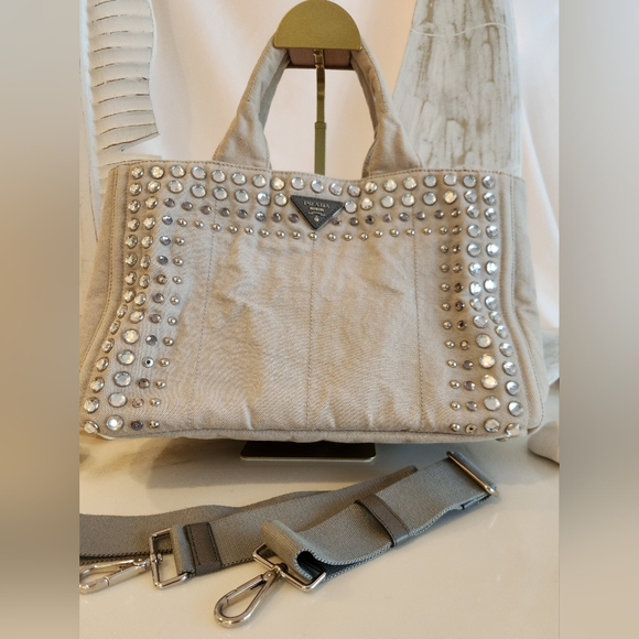 COA! Prada Canapé 2 Way Tote with crossbody strap-Grey with jewels and studs. - Picture 4 of 16